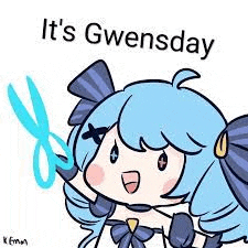 a girl with blue hair is holding a pair of scissors in her hand .