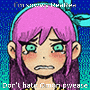 a cartoon girl with pink hair and green eyes is crying and says " i 'm sowwy rea rea "
