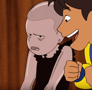 a cartoon of a boy talking to a girl with a shaved head