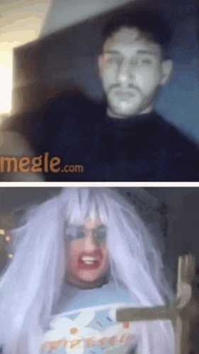 a man in a black shirt and a woman in a white wig are on megle.com