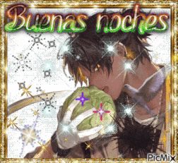a picture of a man holding a watermelon with the words buenas noches on it