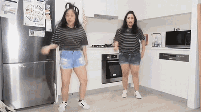 two girls are dancing in a kitchen in front of a refrigerator