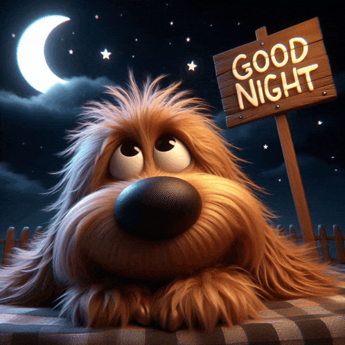 a cartoon dog laying on a bed next to a sign that says good night