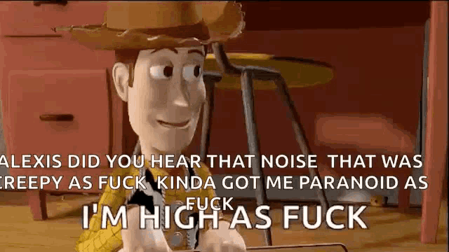 woody from toy story is saying i 'm high as fuck
