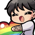 a cartoon character is holding a rainbow heart .