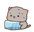 a cartoon cat is sitting on a cube of ice .