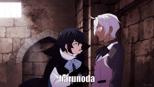 two anime characters are standing next to each other and harunoda is written on the bottom