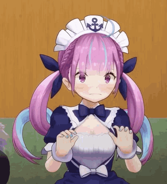 a girl with purple hair is wearing a maid outfit with an anchor on her hat