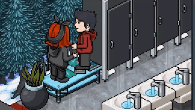 a pixel art drawing of a man and a woman standing next to each other in a bathroom