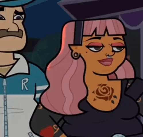 a woman with pink hair has a tattoo of a rose on her chest ..