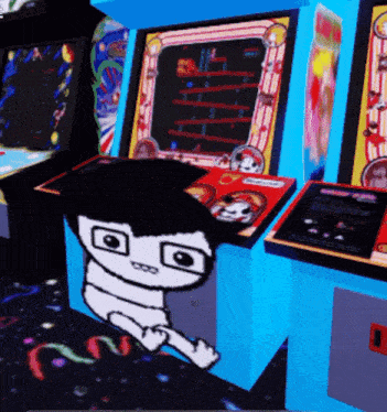 a cartoon character is sitting in front of an arcade machine with a game on it