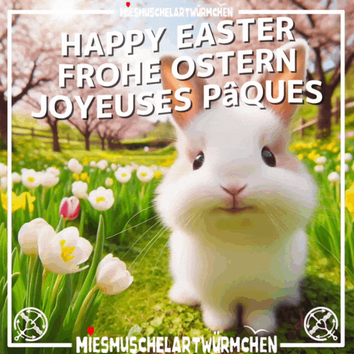 a picture of a bunny with the words happy easter written above it