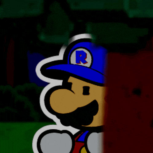 a paper mario wearing a blue hat with a letter r on it