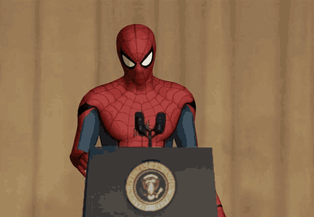 a spiderman is giving a speech at a podium with the seal of the president of the united states of america