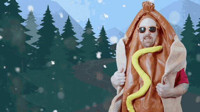a man in a hot dog costume is giving a thumbs up sign