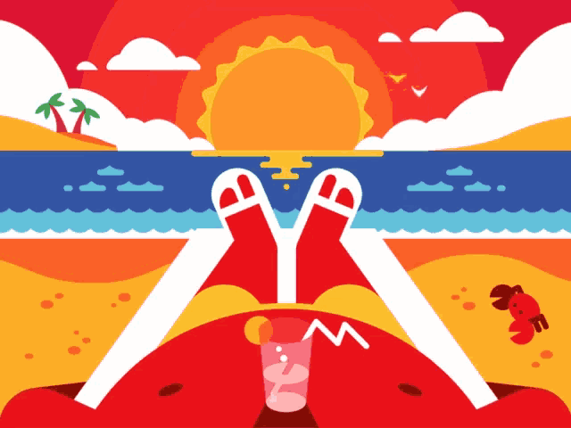 an illustration of a person laying on a beach with a drink