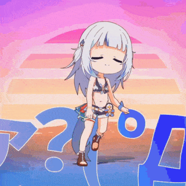 a cartoon of a girl in a bikini with a question mark in the background