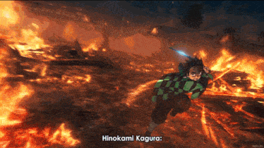 a cartoon character is running through a fire with hinokami kagura written on the bottom