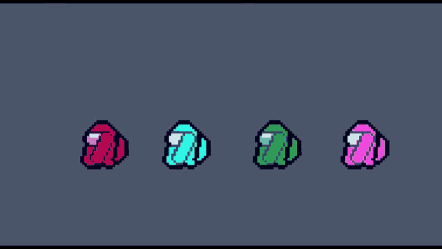 a pixel art of four among us characters in different colors on a gray background .