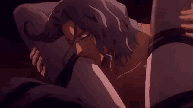 a close up of a cartoon character with long hair holding a sword in a dark room .