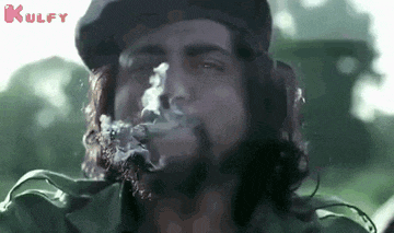 a man with a beard is smoking a cigarette in a close up of his face .
