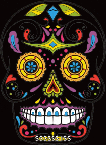a colorful day of the dead skull with a dollar sign underneath it