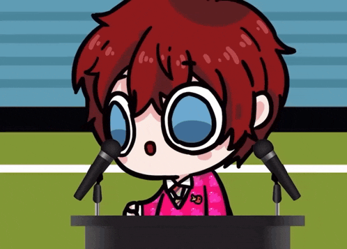 a cartoon character with red hair is standing at a podium with two microphones in front of him