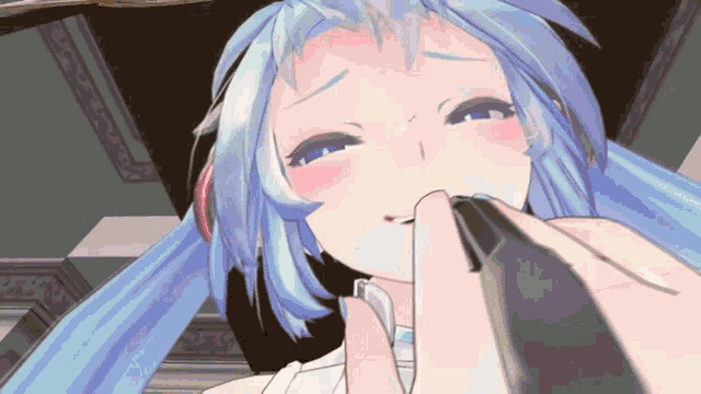 a close up of a blue haired anime character