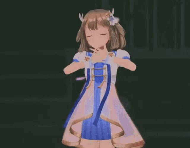 a cartoon girl in a pink and blue dress is dancing with her arms outstretched