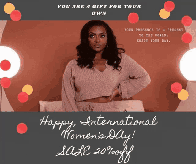 an advertisement for international women 's day with a woman sitting on a bed