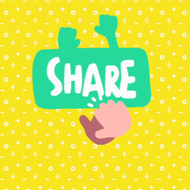 a yellow background with a green share button