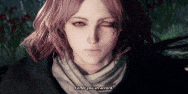 a close up of a woman 's face with the words " i offer you an accord " below her