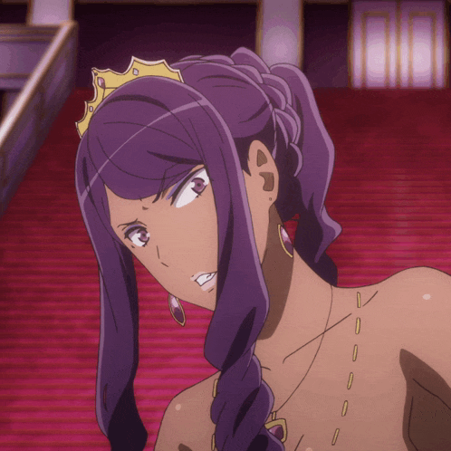 a woman with purple hair is wearing a tiara and earrings