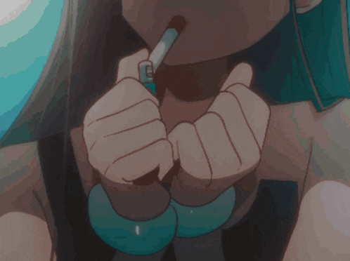 a girl with long hair is smoking a cigarette in front of an orange arrow