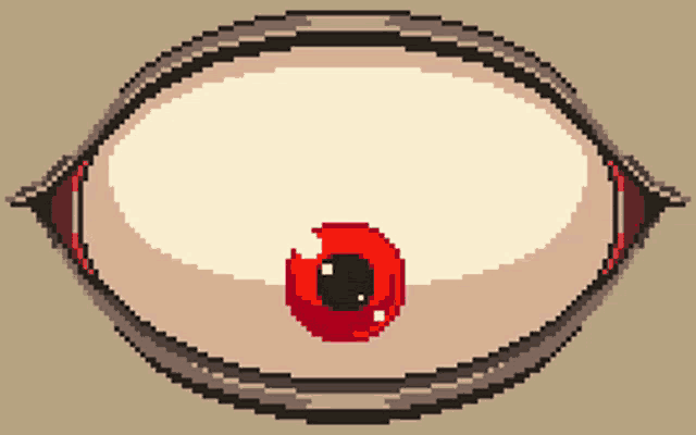 a pixel art drawing of a red eye with a red ball in the center