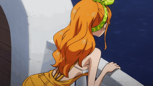 a girl with orange hair and a green headband stands on a balcony overlooking a body of water
