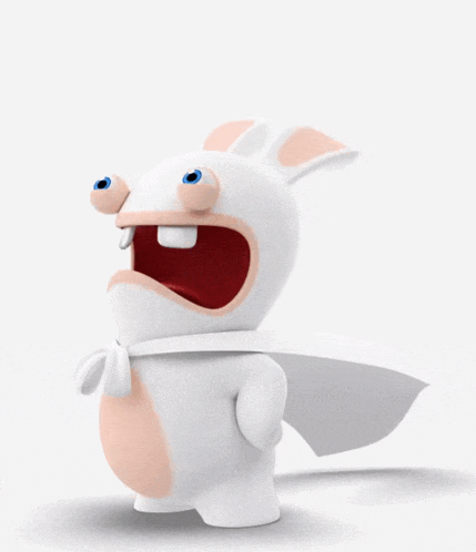 a white cartoon rabbit with blue eyes and a cape