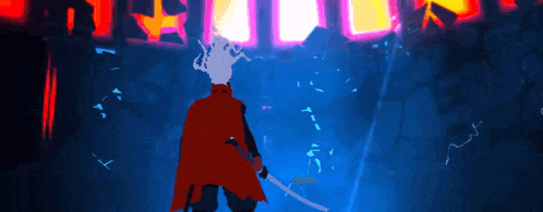 a person is holding a sword in a video game .