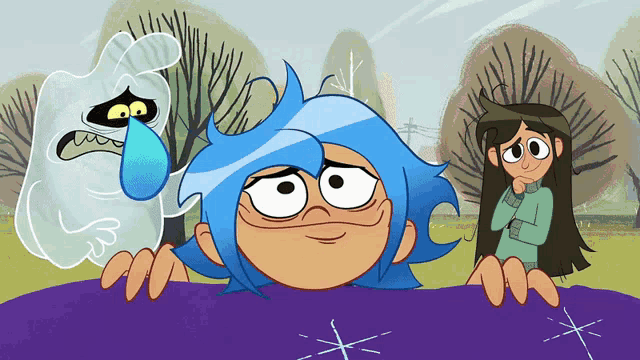 a cartoon drawing of a girl with blue hair and a ghost