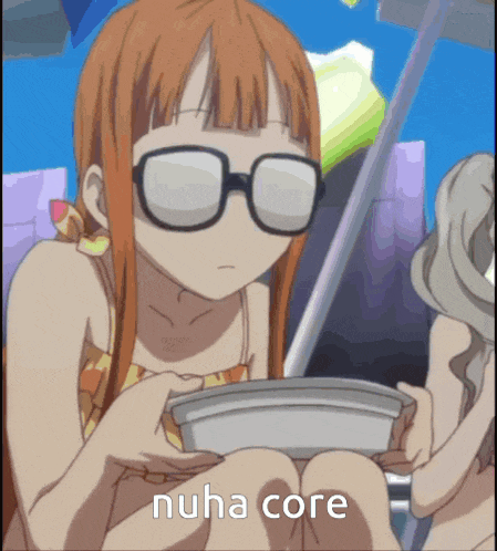 a girl with glasses is holding a bowl with the words nuha core written below her