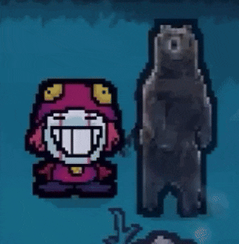 a pixel art of a person and a bear on a blue background .