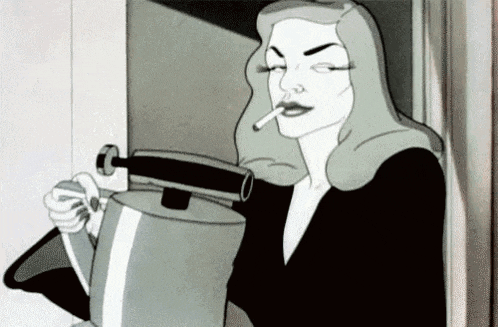a cartoon of a woman smoking a cigarette and holding a pot .