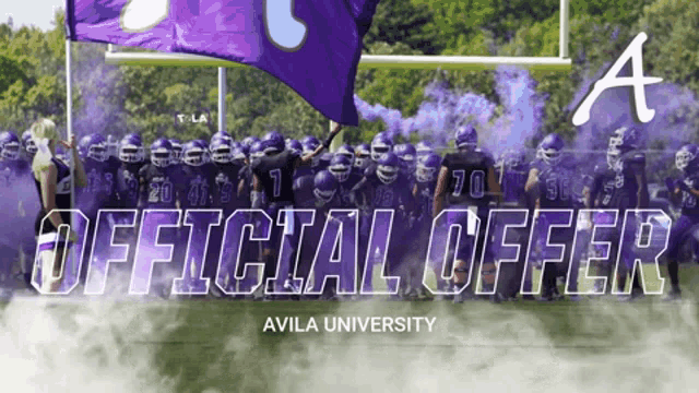a poster for avila university shows football players holding purple flags