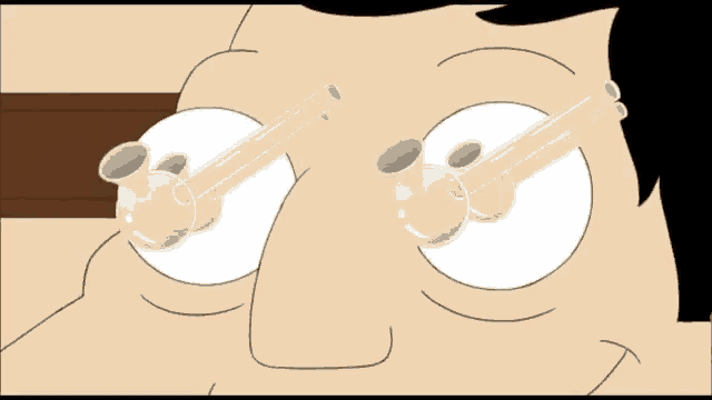 a close up of a cartoon man 's face with a pipe in his eyes
