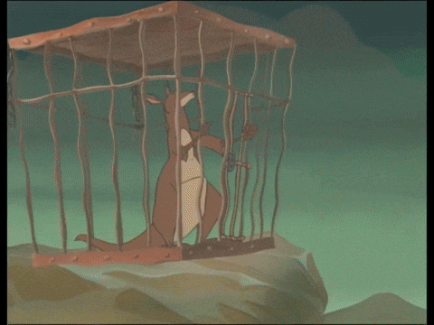 a cartoon of a bird cage with a hand hanging from it