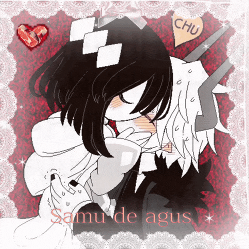 a drawing of a man and a woman kissing with the words samu de agus in the bottom right corner