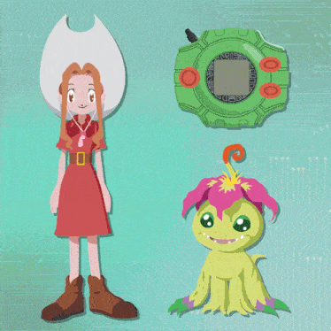 a girl in a red dress is standing next to a yellow monster and a green device that says digimon