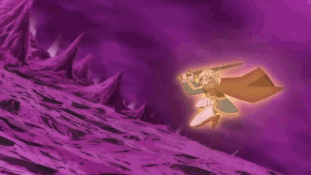a cartoon character is flying through the air with a sword and shield in a purple background .
