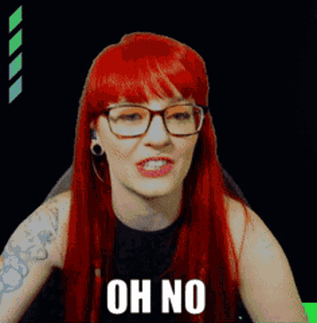 a woman with red hair and glasses has the words oh no on her face