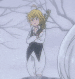 a cartoon character is holding a sword in his hand and standing in the snow .